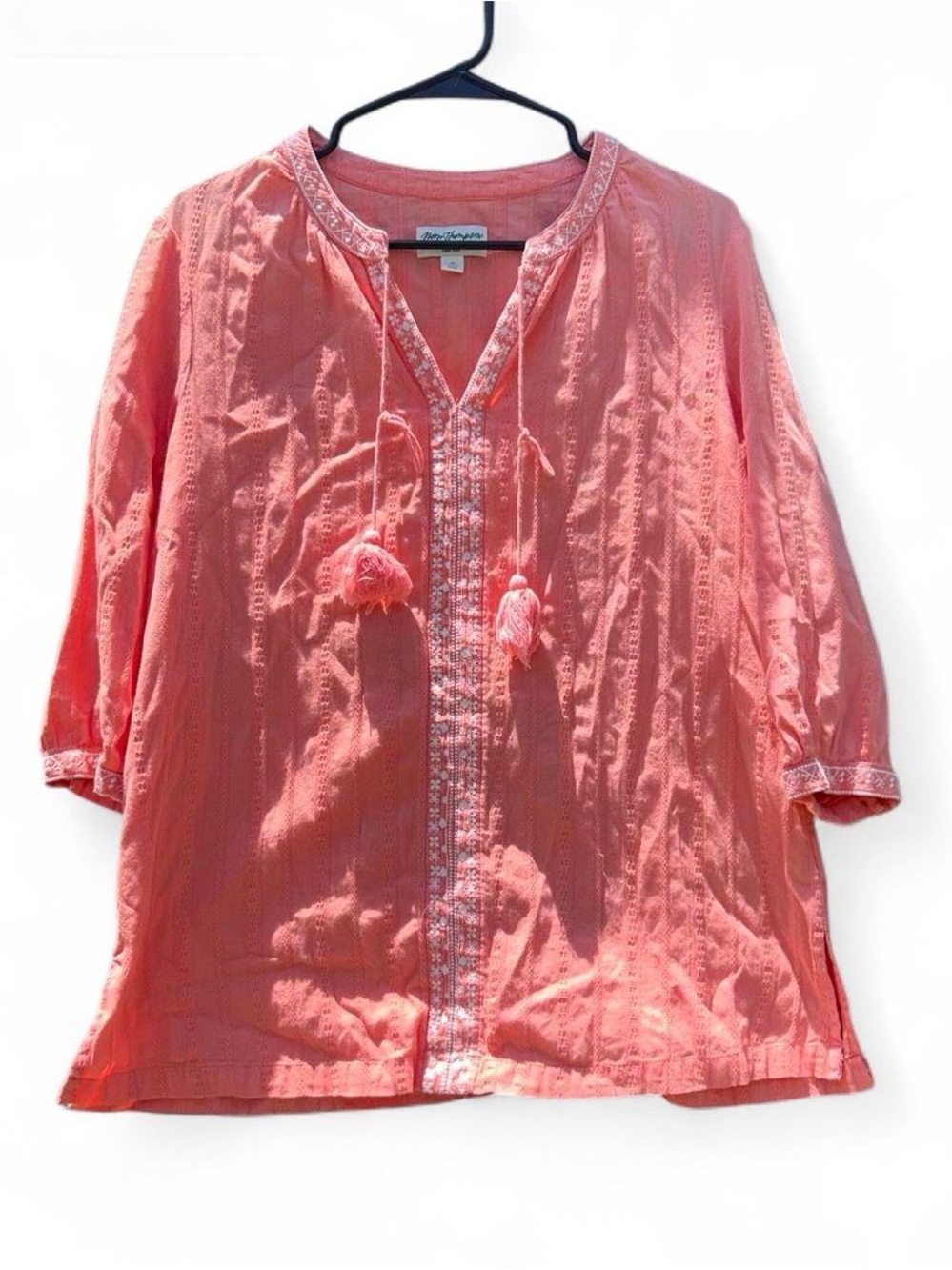 Norm Thompson Coral Embroidered Peasant Blouse